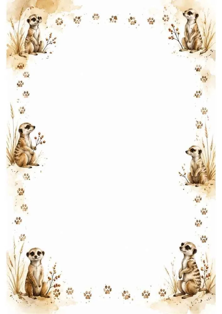 Meerkats, grasses, paw prints, and a large blank center.