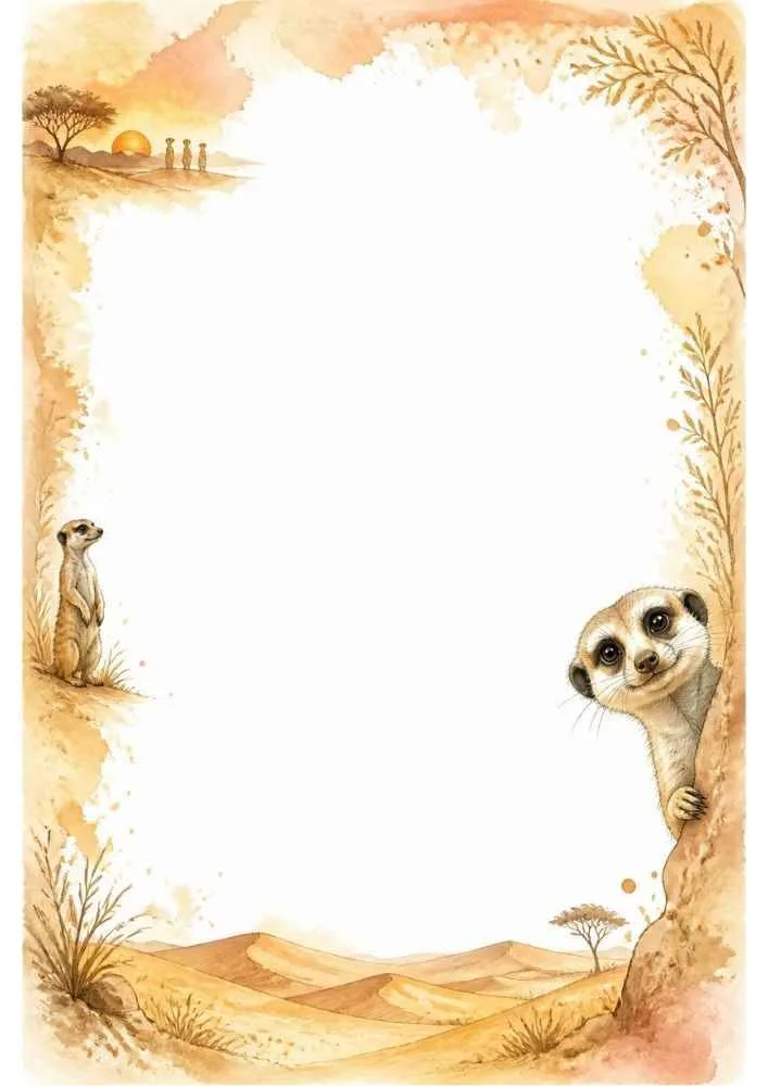 Meerkats, desert dunes, sunset, and a large blank center.