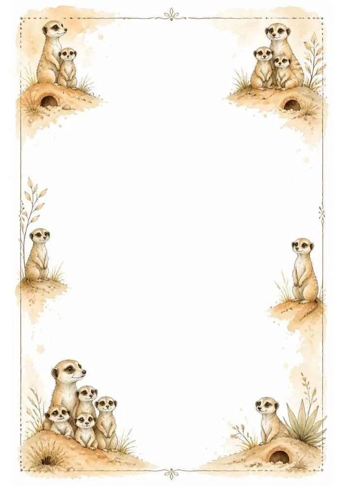 Meerkat families by burrows with plants and a large blank center.