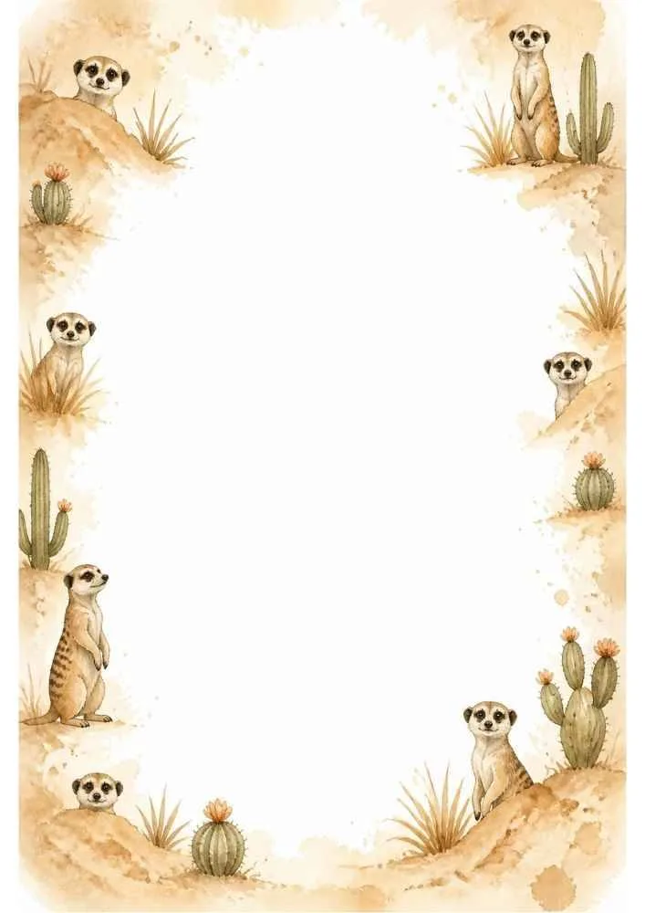 Meerkats, cacti, sandy hills, and a blank center surrounded by a soft border.