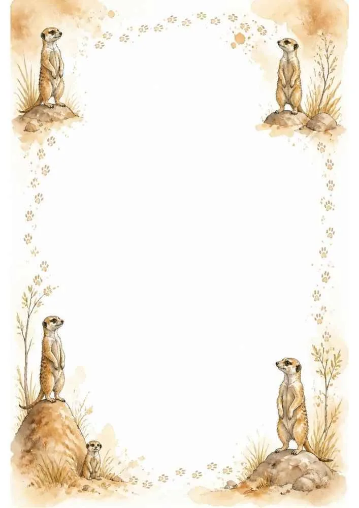 Standing meerkats, paw prints, rocks, and a large blank center.