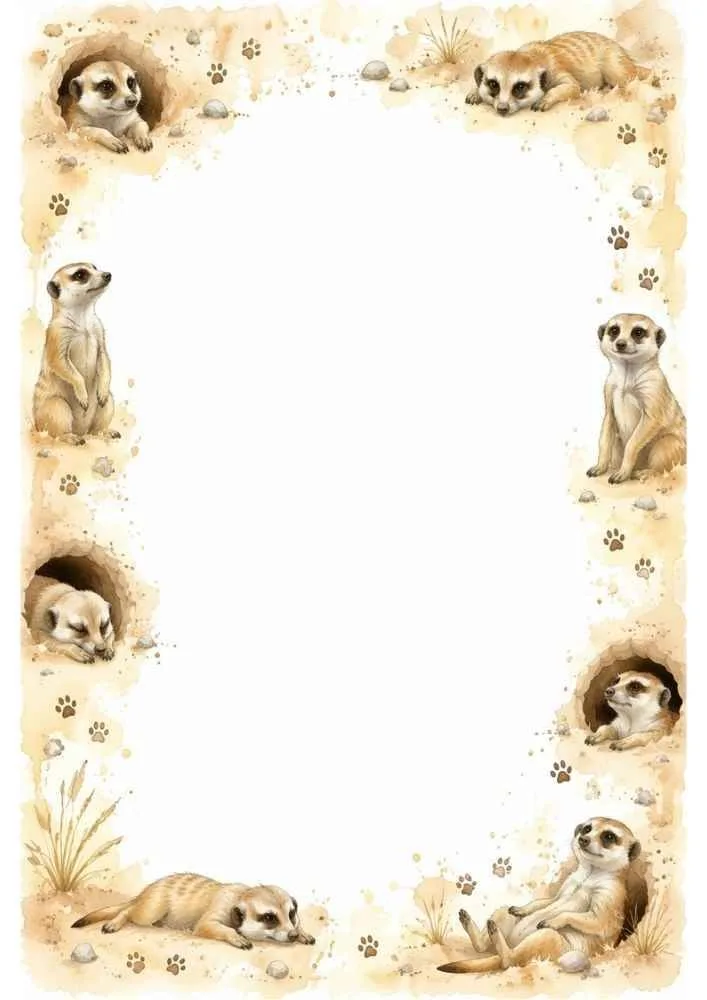 Sleeping and resting meerkats around burrows with a blank center.