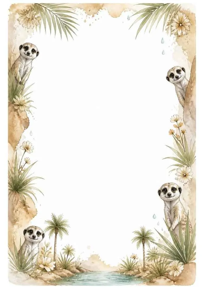 Meerkats, palm trees, flowers, water, and a large blank center.