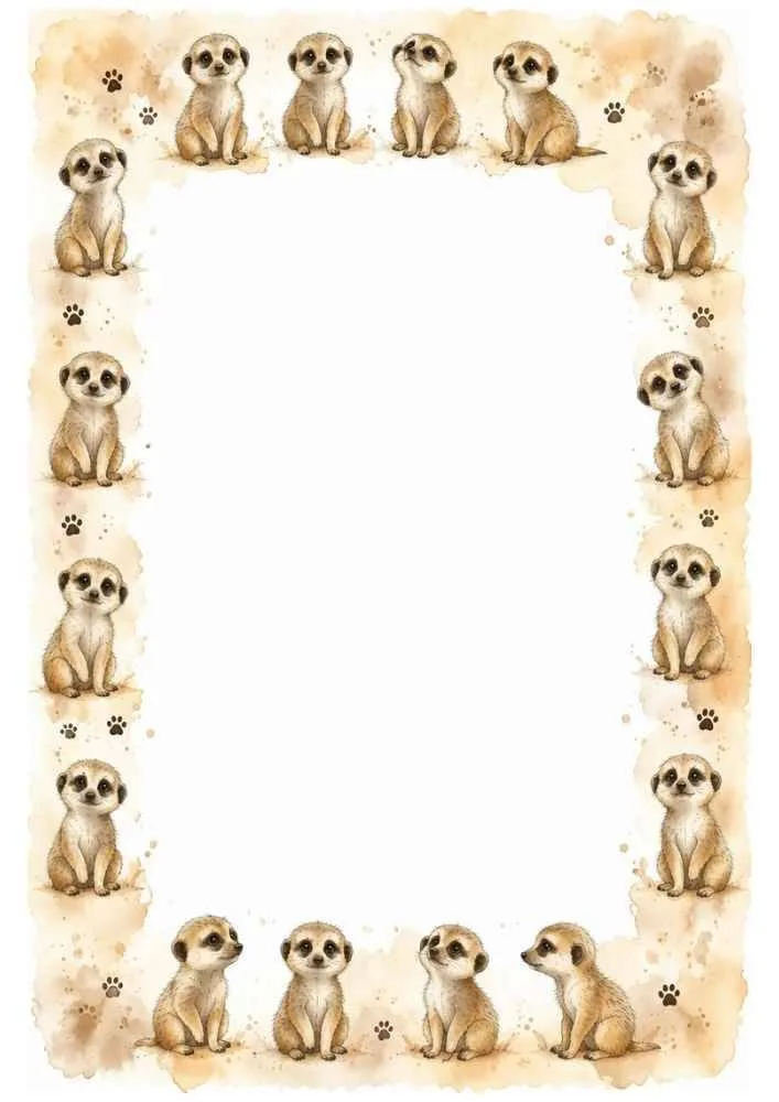 Cute baby meerkats around a blank center with paw print accents.