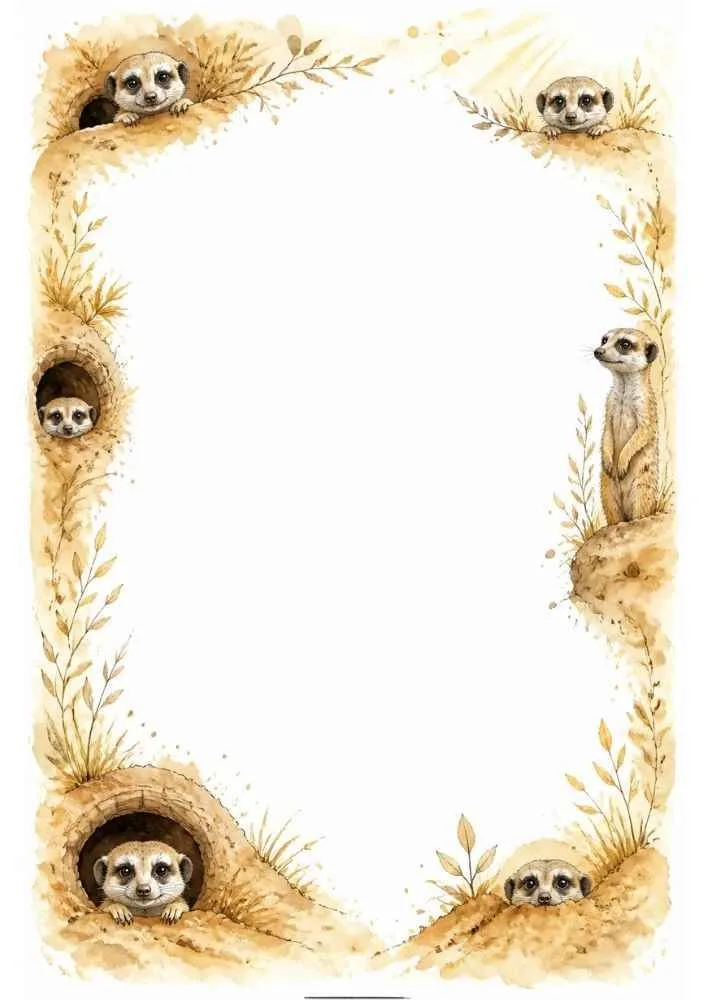 Meerkats peeking from burrows with grass and a blank center.
