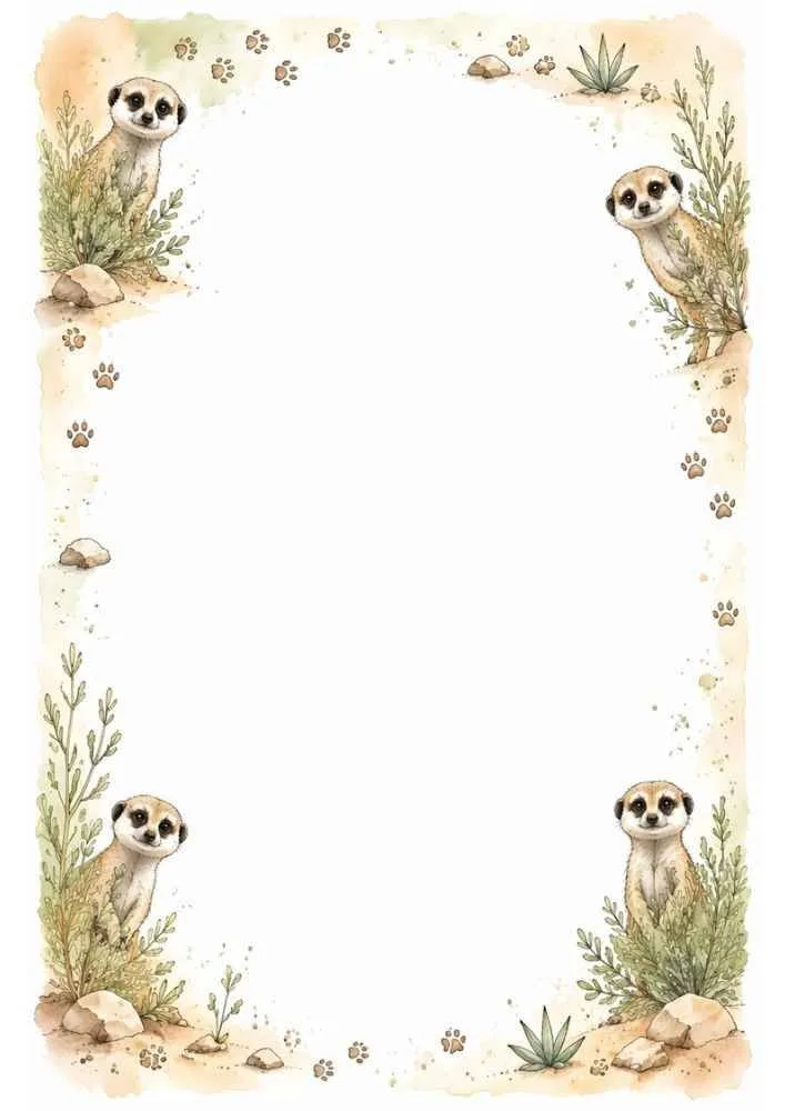 Meerkats among desert shrubs with a large blank center.