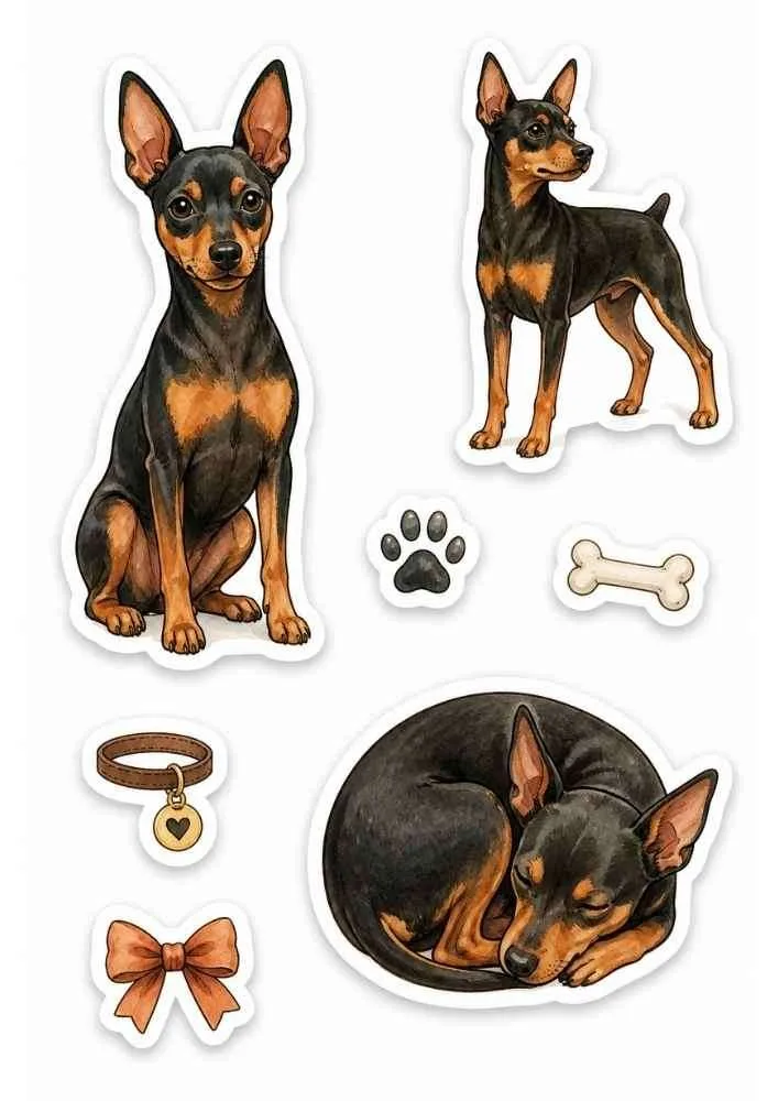 Mini Pinscher stickers with sitting dog, sleeping dog, paw print, collar, bow, and bone.