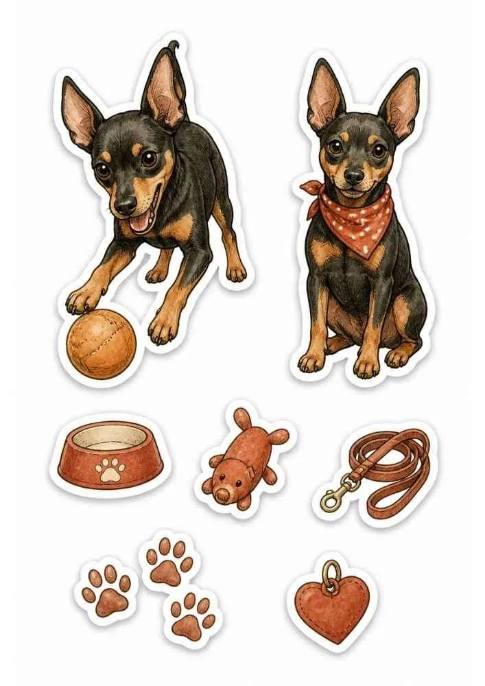 Mini Pinscher stickers with ball, bandana, leash, toy, food bowl, paw prints, and heart tag.