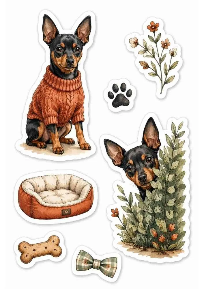 Mini Pinscher stickers with sweater, dog bed, flowers, greenery, paw print, bone, and bow.