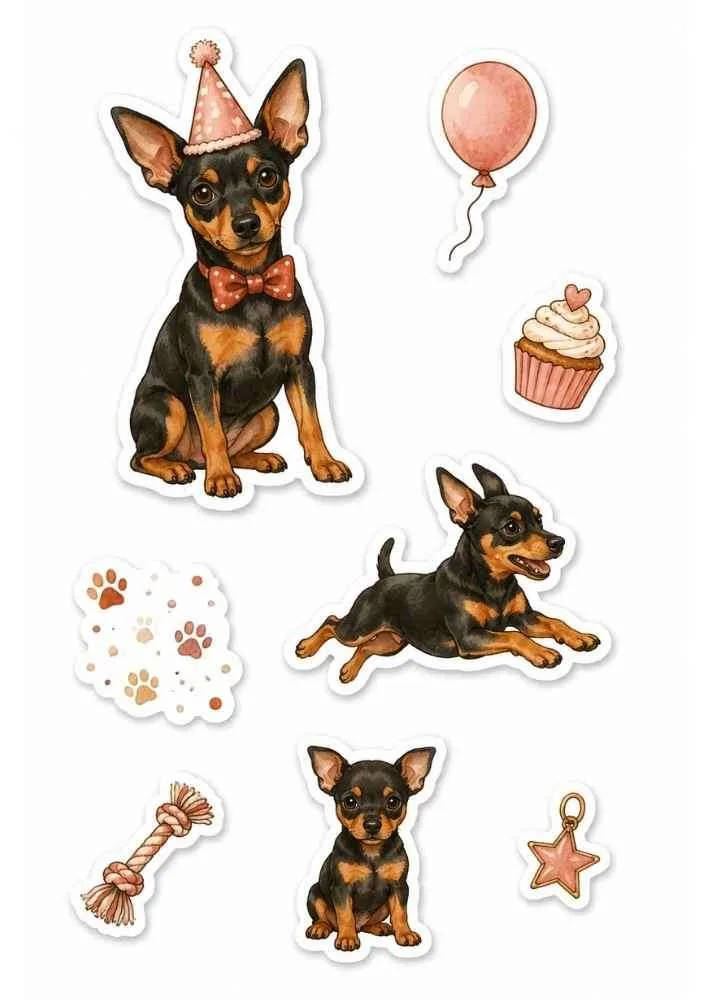 Mini Pinscher stickers with party hat, balloon, cupcake, rope toy, star charm, and puppy poses.