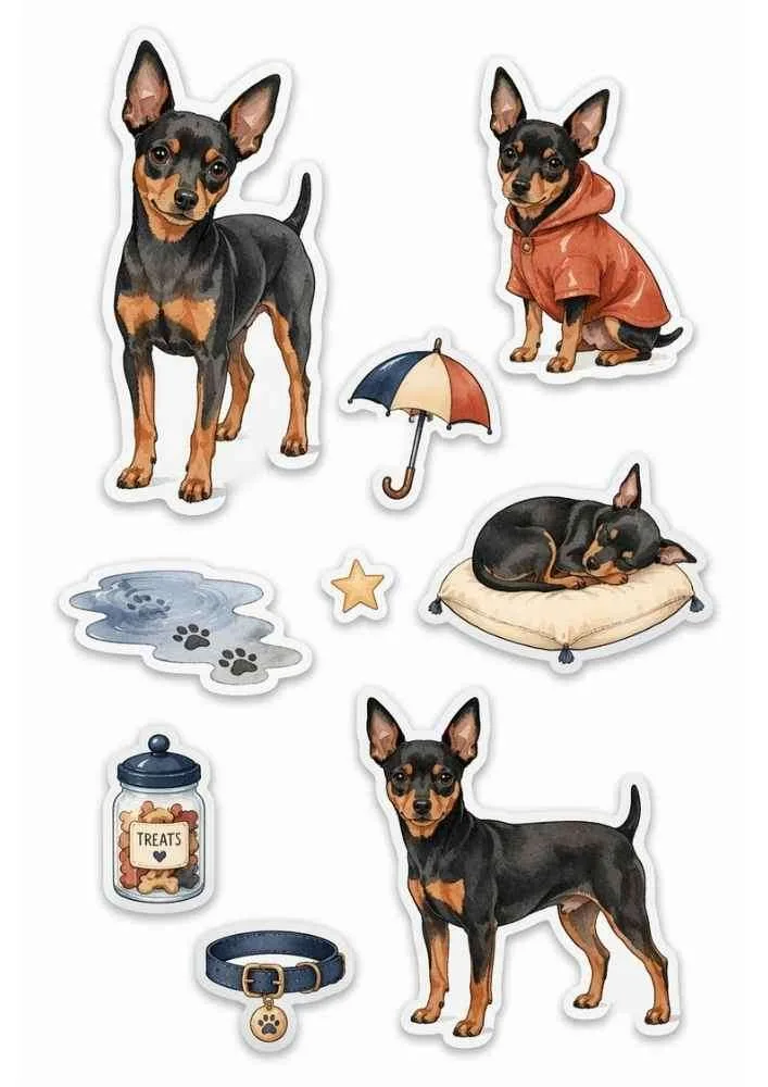 Mini Pinscher stickers with raincoat, umbrella, treats jar, collar, puddle, cushion, and standing poses.