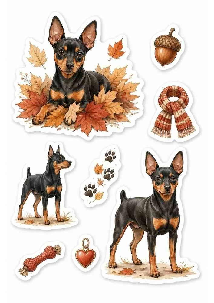 Mini Pinscher stickers with autumn leaves, scarf, acorn, heart charm, paw prints, and rope toy.