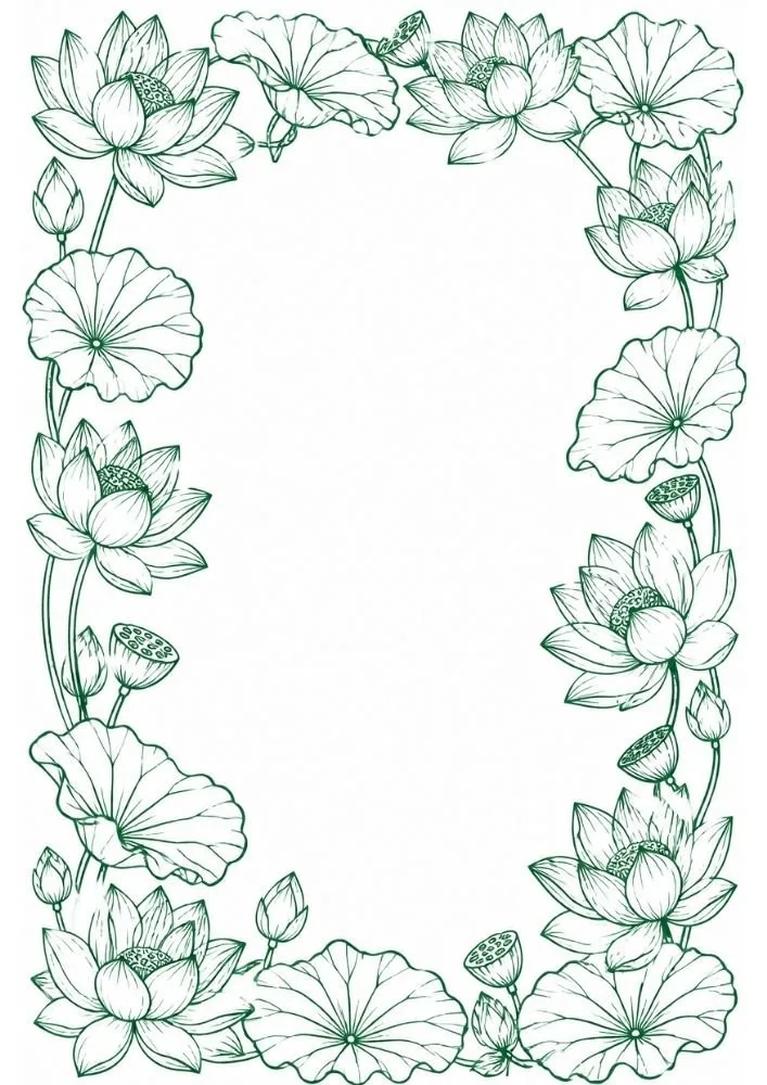 Lotus flower border with blooms, leaves, and seed pod details.