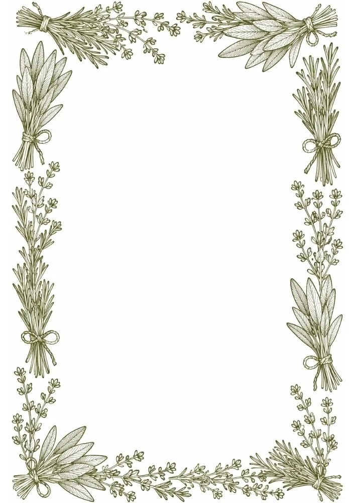 Herbal border featuring tied botanical bundles and delicate foliage.