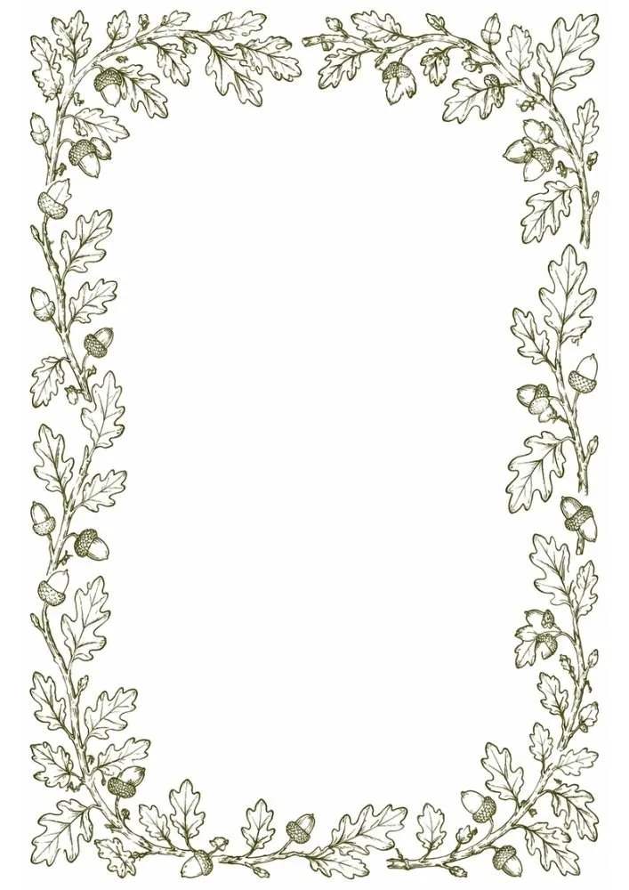 Oak leaf border with acorns and woodland botanical accents.