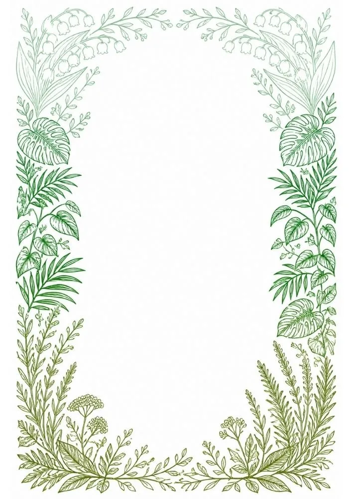 Mixed botanical border featuring tropical leaves, herbs, and floral details.