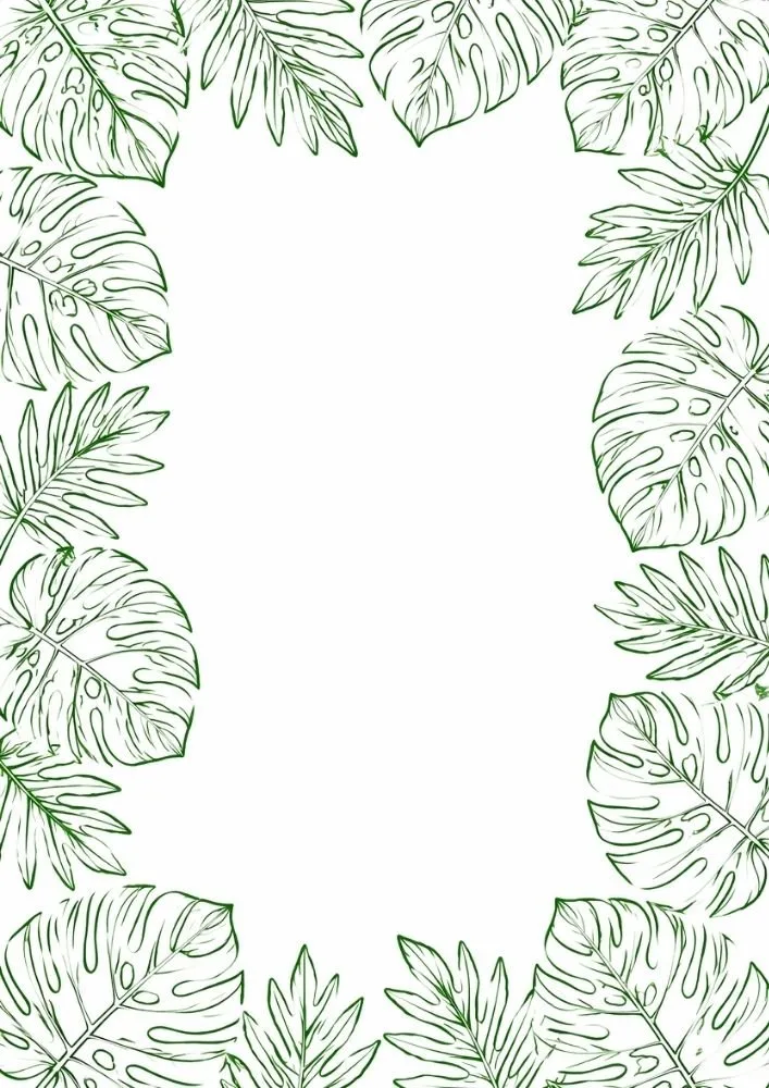Tropical border with monstera leaves and exotic foliage details.