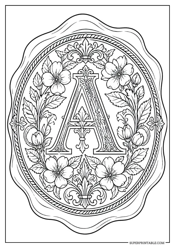 Floral monogram coloring page featuring the letter A surrounded by flowers, leaves, and ornamental details.