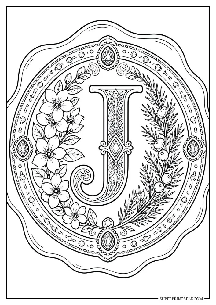 Letter J coloring page with flowers, evergreen foliage, and ornamental jewel-inspired details.
