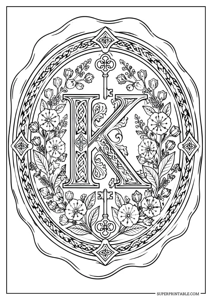 Letter K monogram coloring page featuring flowers, ornate keys, and decorative borders.