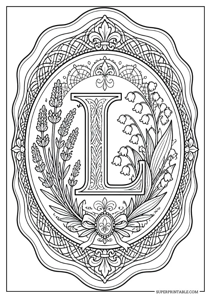 Letter L coloring page decorated with lavender, lilies, and elegant ornamental borders.