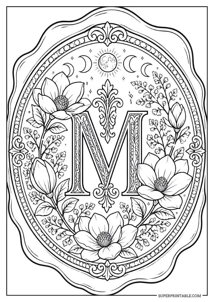 Letter M monogram coloring page with magnolia flowers, moon phases, and ornate frame details.