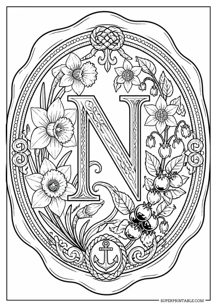 Letter N coloring page featuring daffodils, berries, flowers, and decorative botanical elements.