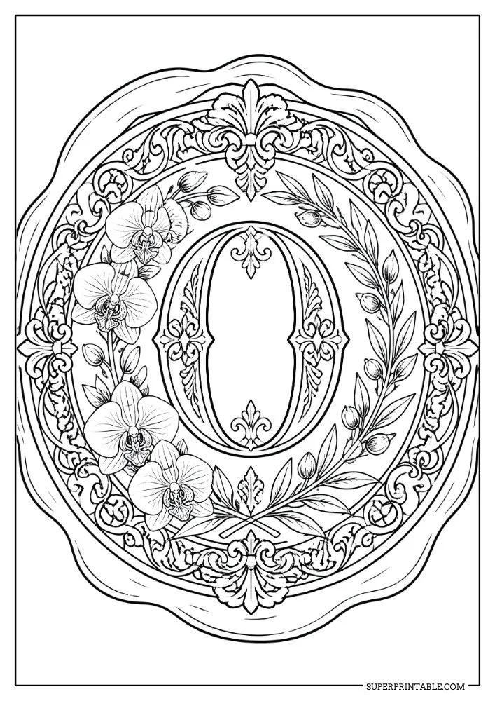 Letter O monogram coloring page decorated with orchids, foliage, and vintage ornamental patterns.