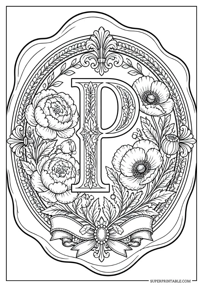 Letter P coloring page featuring peonies, poppies, leaves, and ornamental ribbon details.