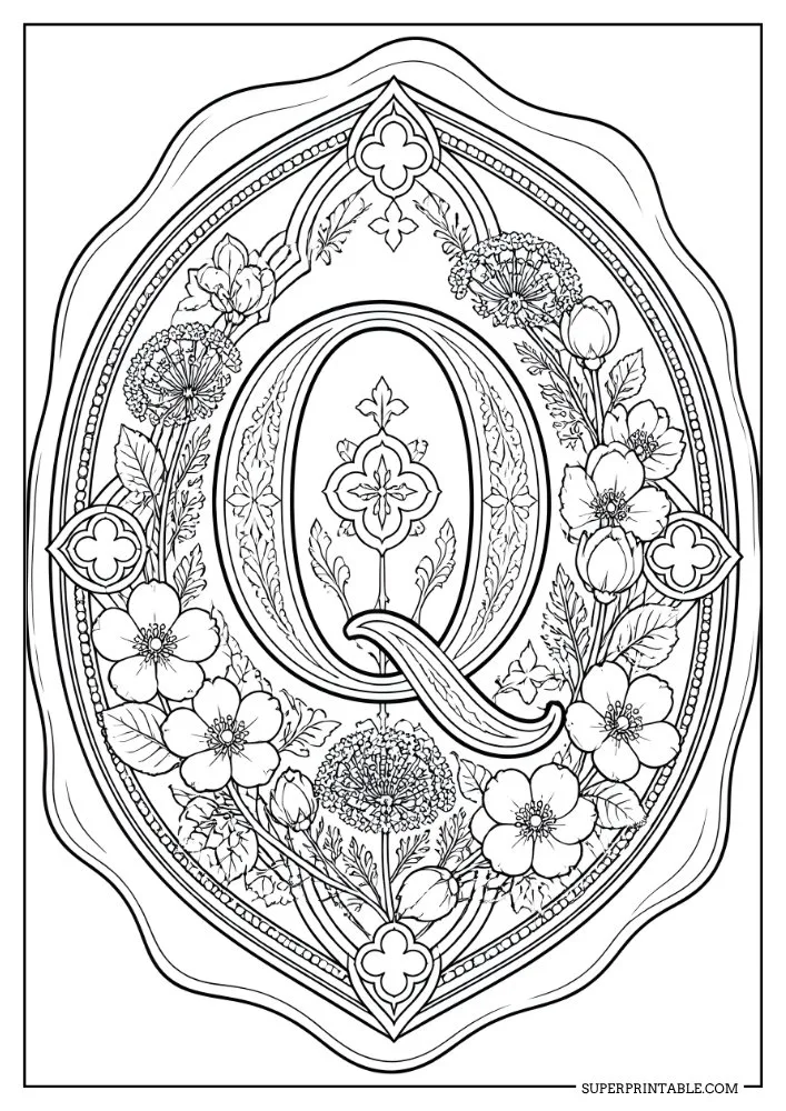 Letter Q monogram coloring page with floral crests, blossoms, and ornamental frame accents.