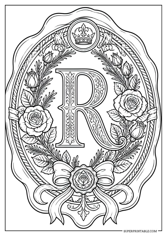 Letter R coloring page featuring roses, foliage, crown details, and decorative ribbons.
