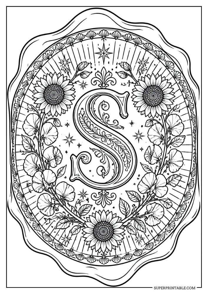 Letter S monogram coloring page decorated with sunflowers, flowers, stars, and ornate borders.