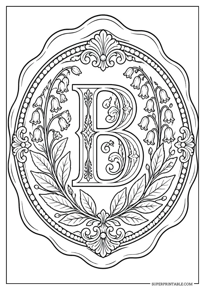 Letter B monogram coloring page decorated with bellflowers, leaves, and ornate frame details.