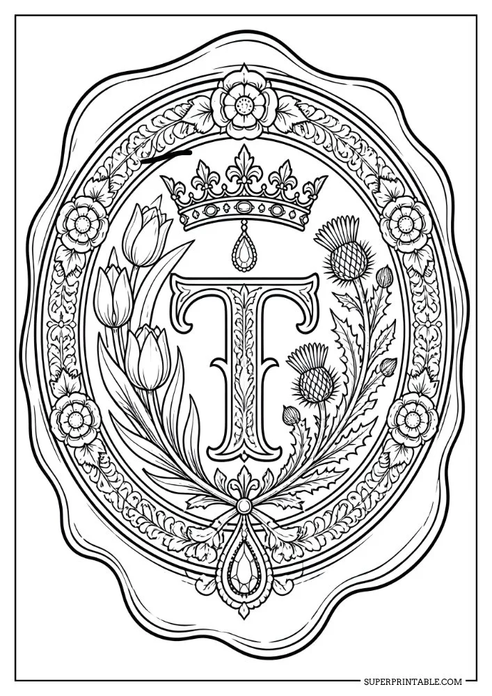 Letter T coloring page featuring tulips, thistles, a crown, and decorative floral borders.