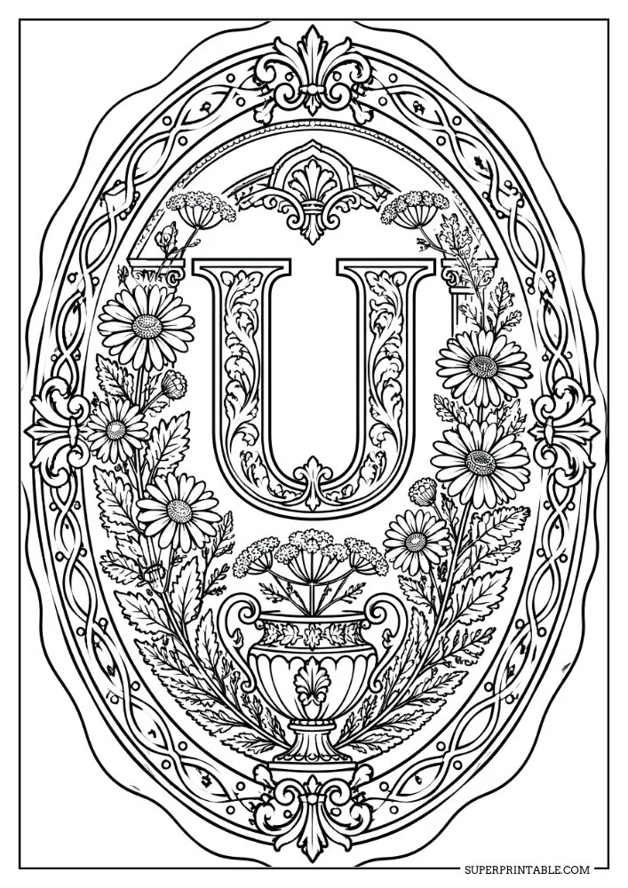 Letter U monogram coloring page featuring daisies, decorative urns, leafy branches, and ornate borders.