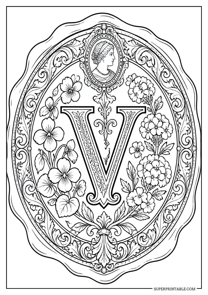 Letter V coloring page with flowers, ornamental scrollwork, and a vintage portrait medallion.