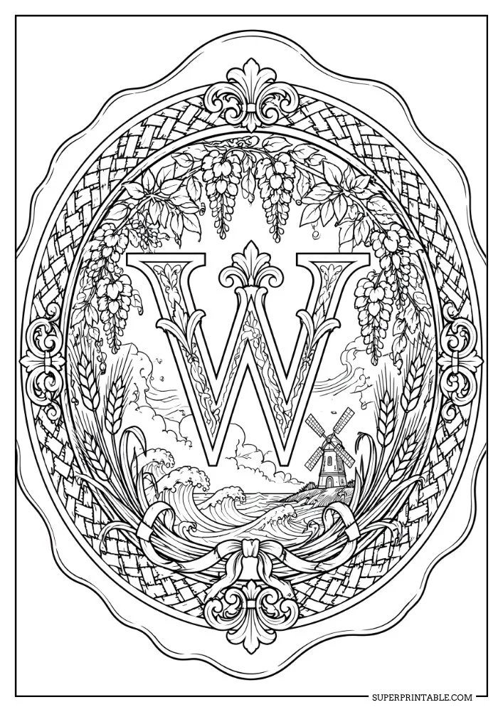 Letter W monogram coloring page featuring a windmill landscape, flowers, waves, and decorative borders.