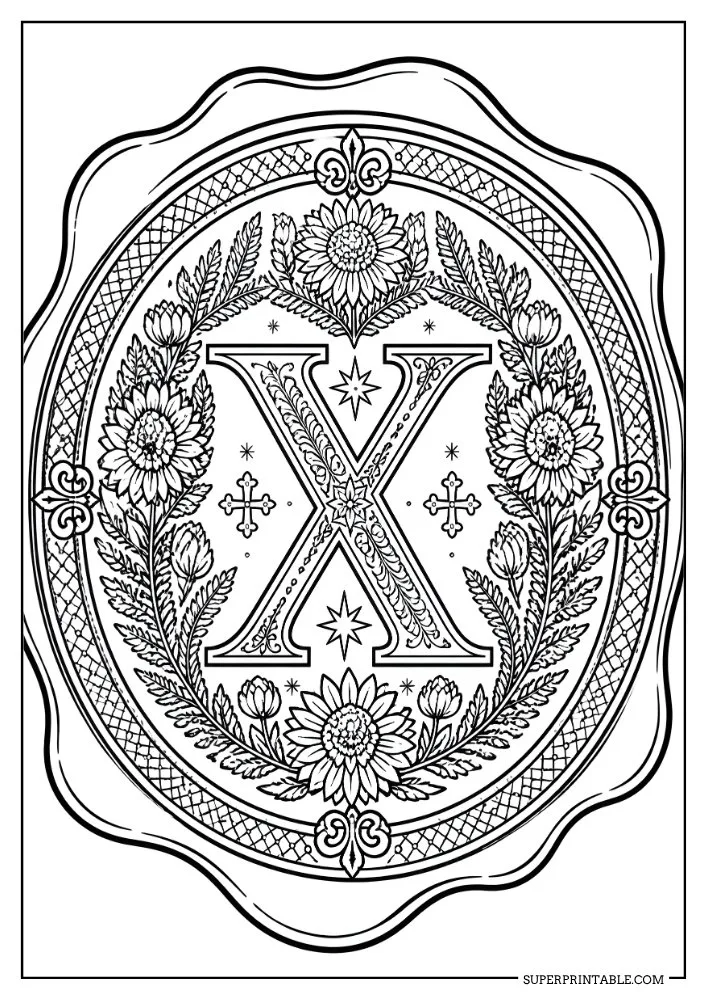 Letter X coloring page decorated with sunflowers, leaves, stars, and intricate ornamental accents.