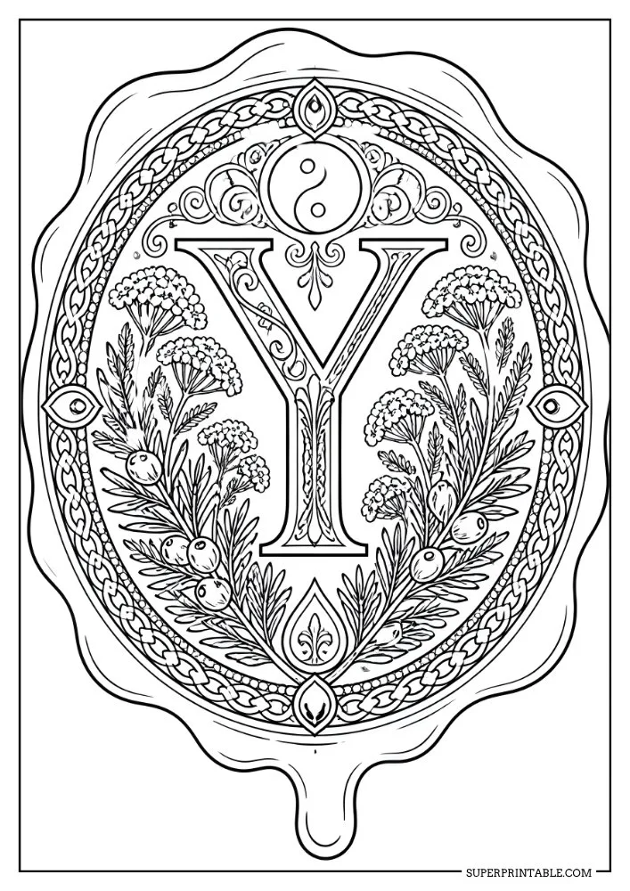 Letter Y monogram coloring page with wildflowers, berries, foliage, and decorative ornamental details.