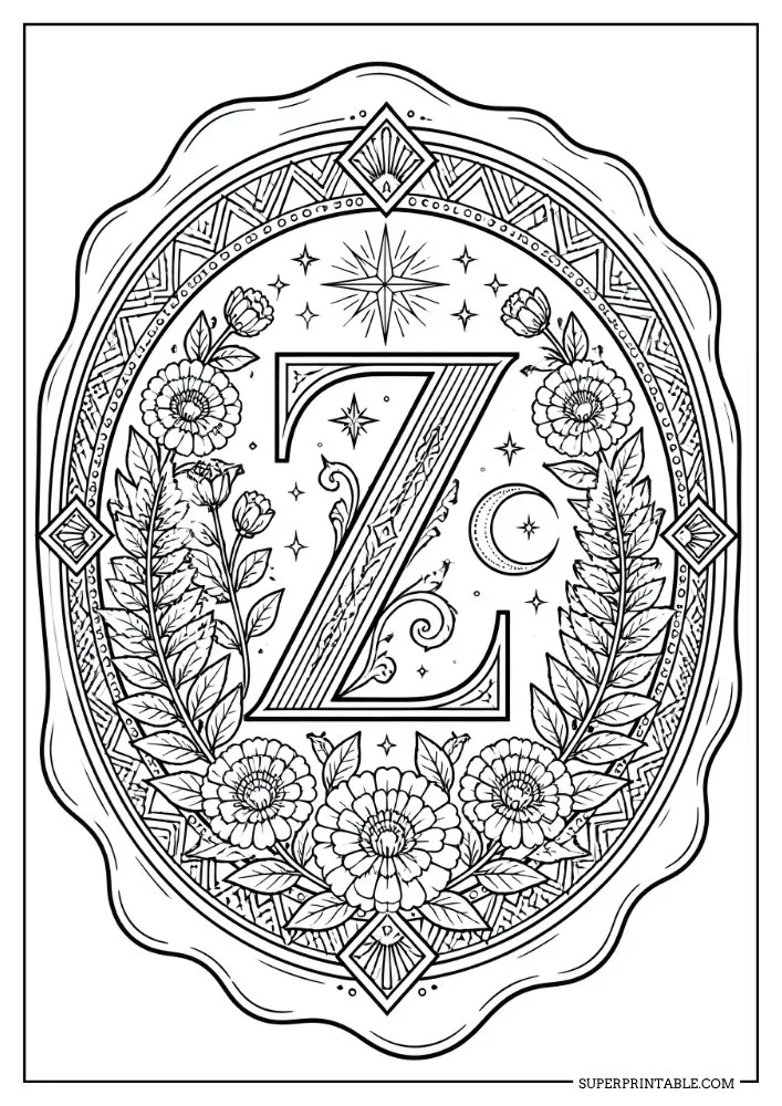 Letter Z coloring page featuring flowers, stars, a crescent moon, and decorative geometric borders.
