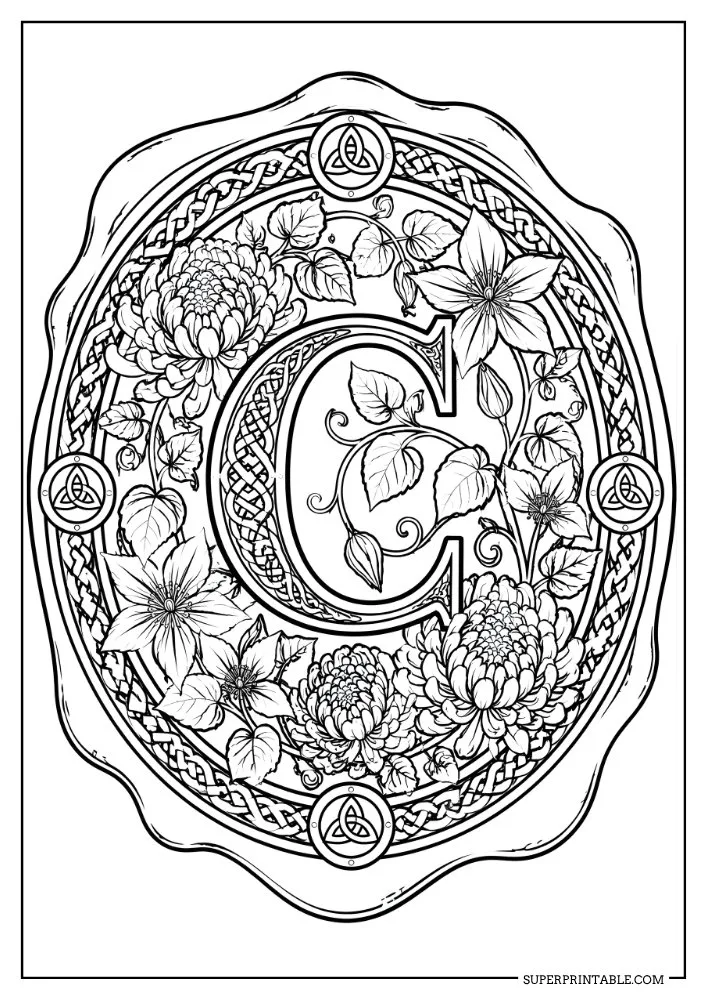 Letter C monogram coloring page with Celtic borders, flowers, and detailed botanical accents.