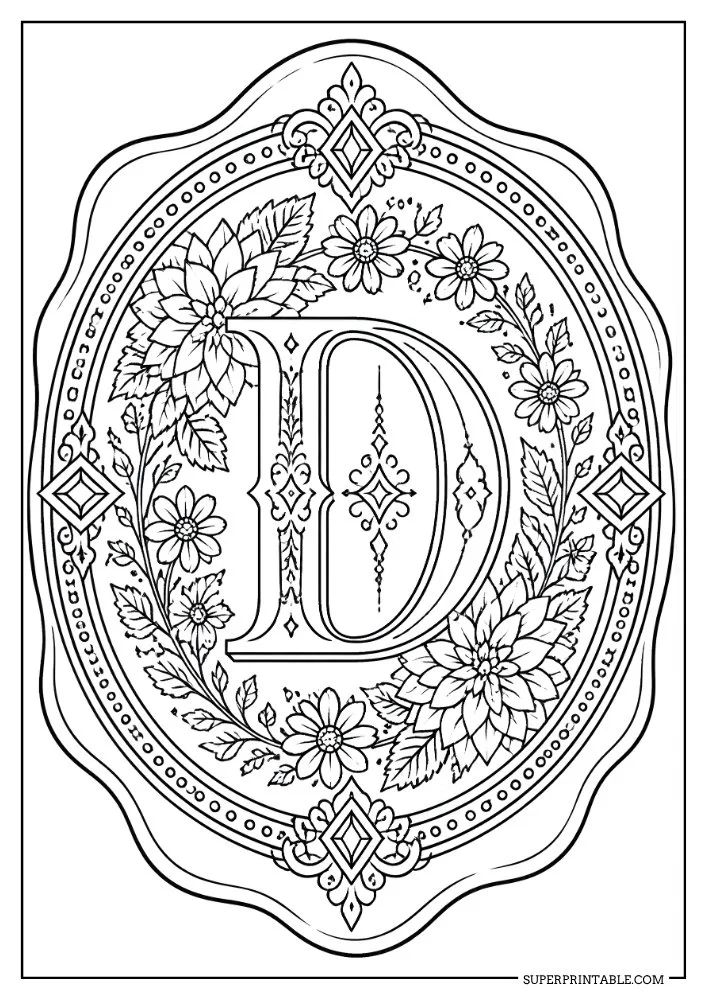 Letter D coloring page featuring garden flowers, leafy branches, and an ornamental monogram frame.