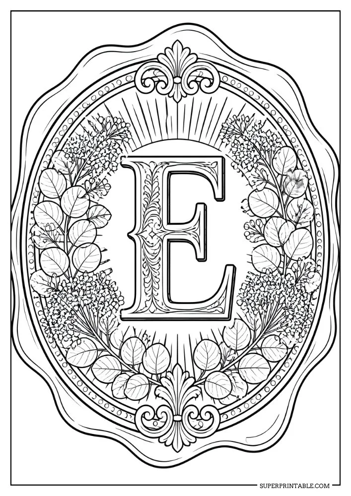 Botanical letter E monogram coloring page with leafy wreaths and decorative floral accents.