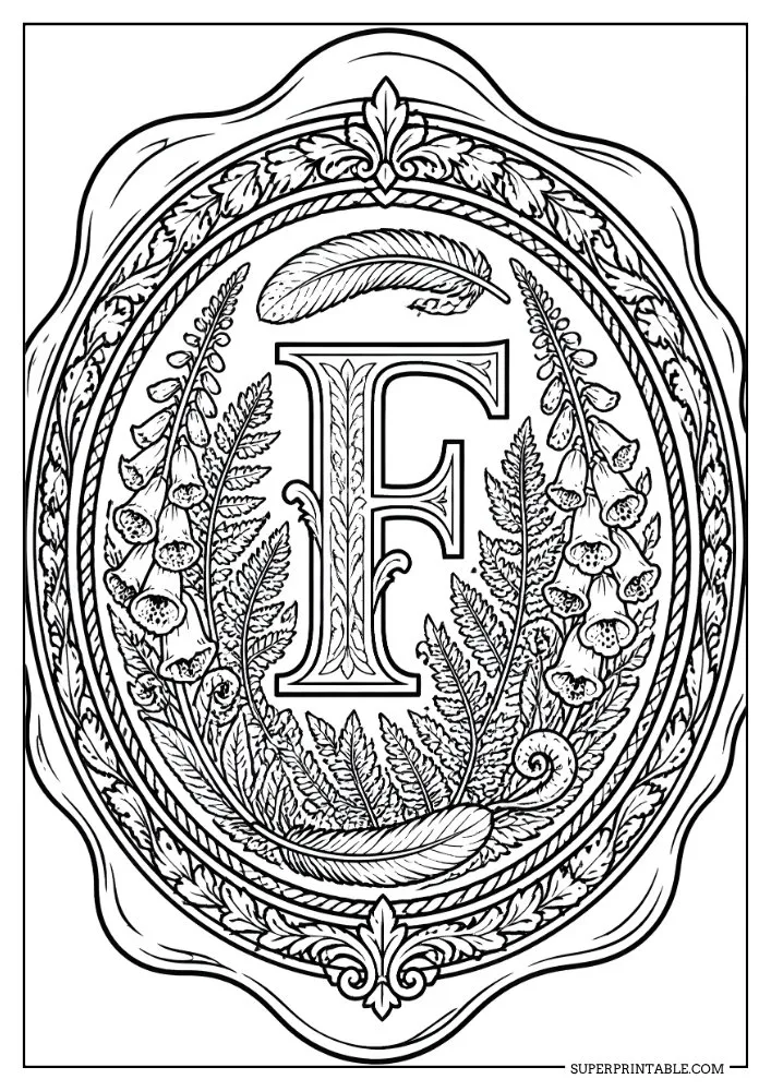 Letter F coloring page featuring foxgloves, ferns, feathers, and an ornate botanical border.