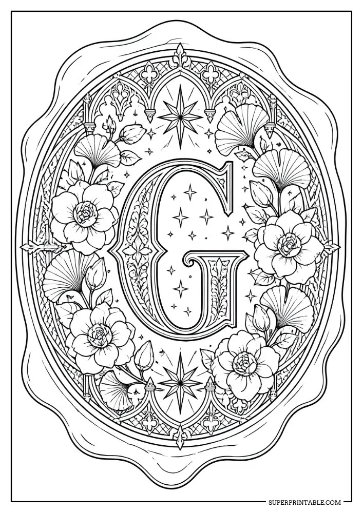 Letter G monogram coloring page with flowers, stars, decorative arches, and ornate details.