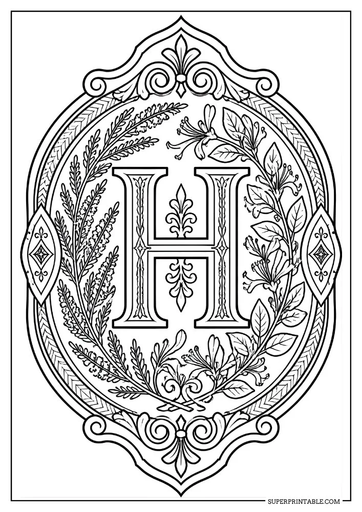 Letter H coloring page surrounded by honeysuckle flowers, foliage, and decorative borders.