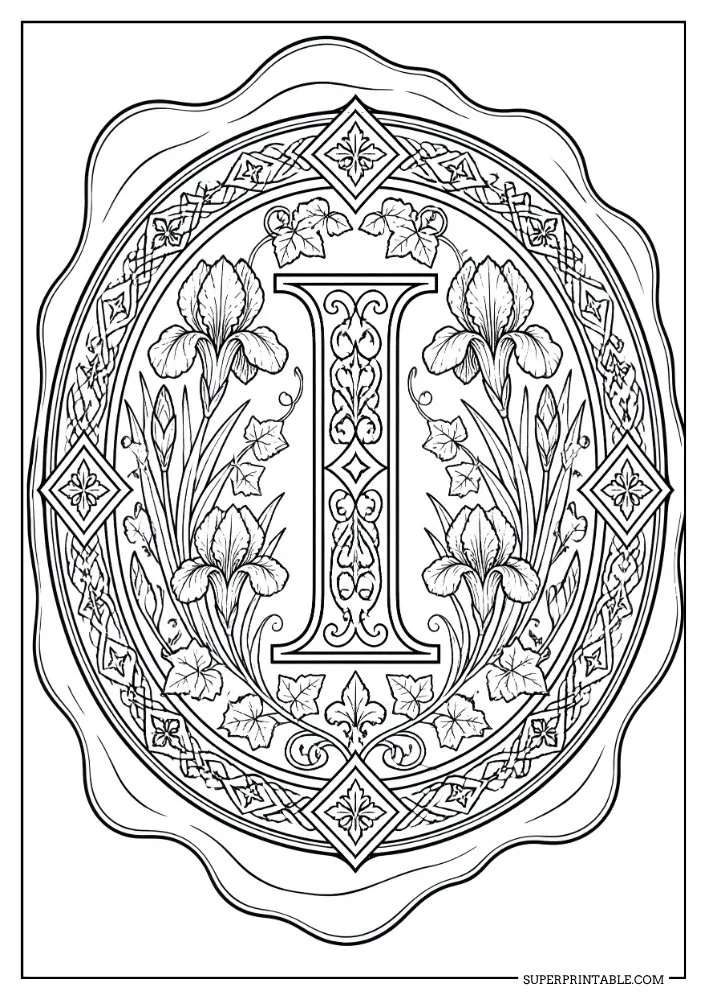 Letter I monogram coloring page featuring iris flowers, leaves, and decorative patterned borders.