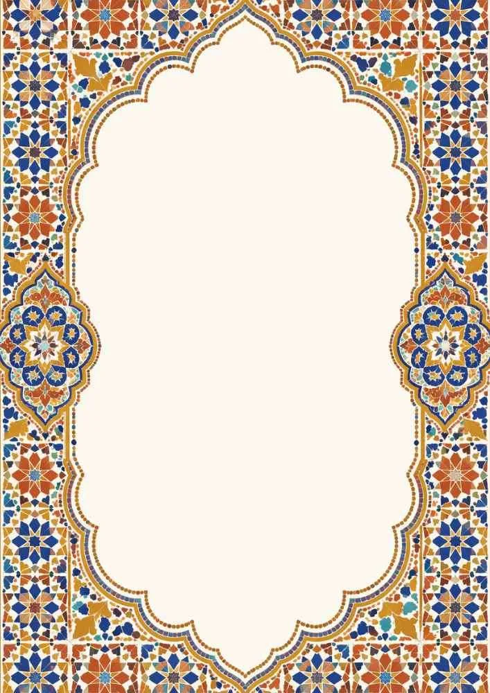 Moroccan style digital paper with a mosaic arch border in blue, gold, and orange around a blank center.