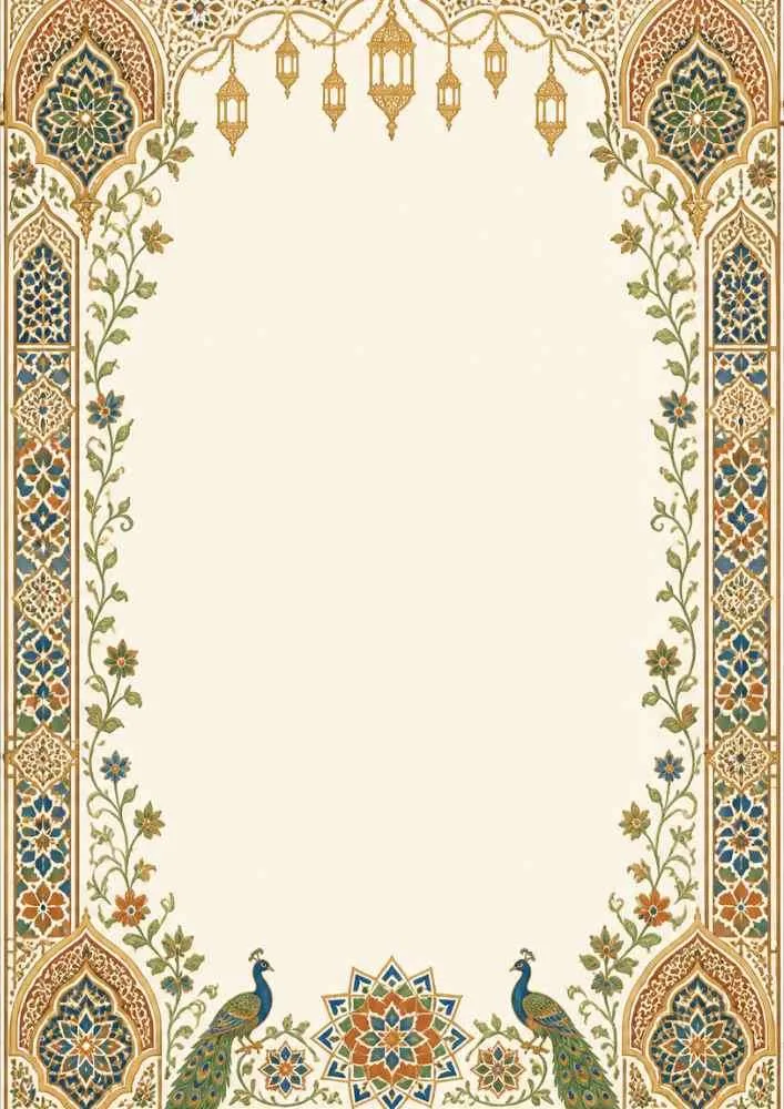 Moroccan digital paper with floral arches, lanterns, peacocks, and a blank center.