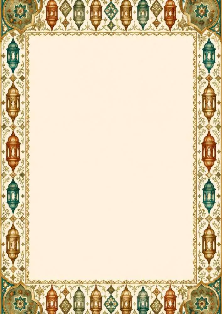 Moroccan digital paper with hanging lanterns, ornate borders, and a large blank center.